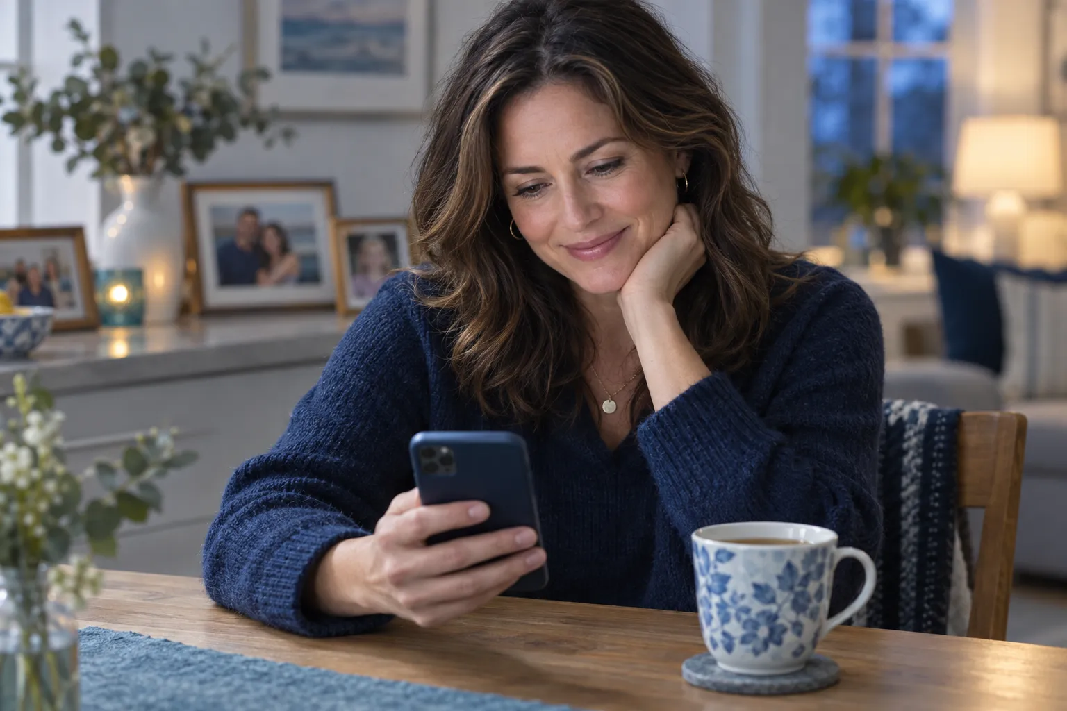 A woman at her kitchen table smiles gently while reading an update on her phone.