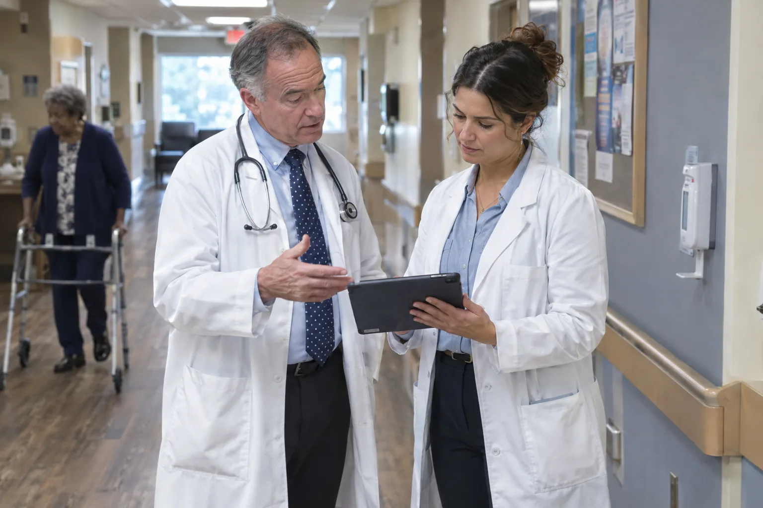 A physician and a nurse practitioner in lab coats review a resident’s information on a tablet in a skilled nursing hallway.